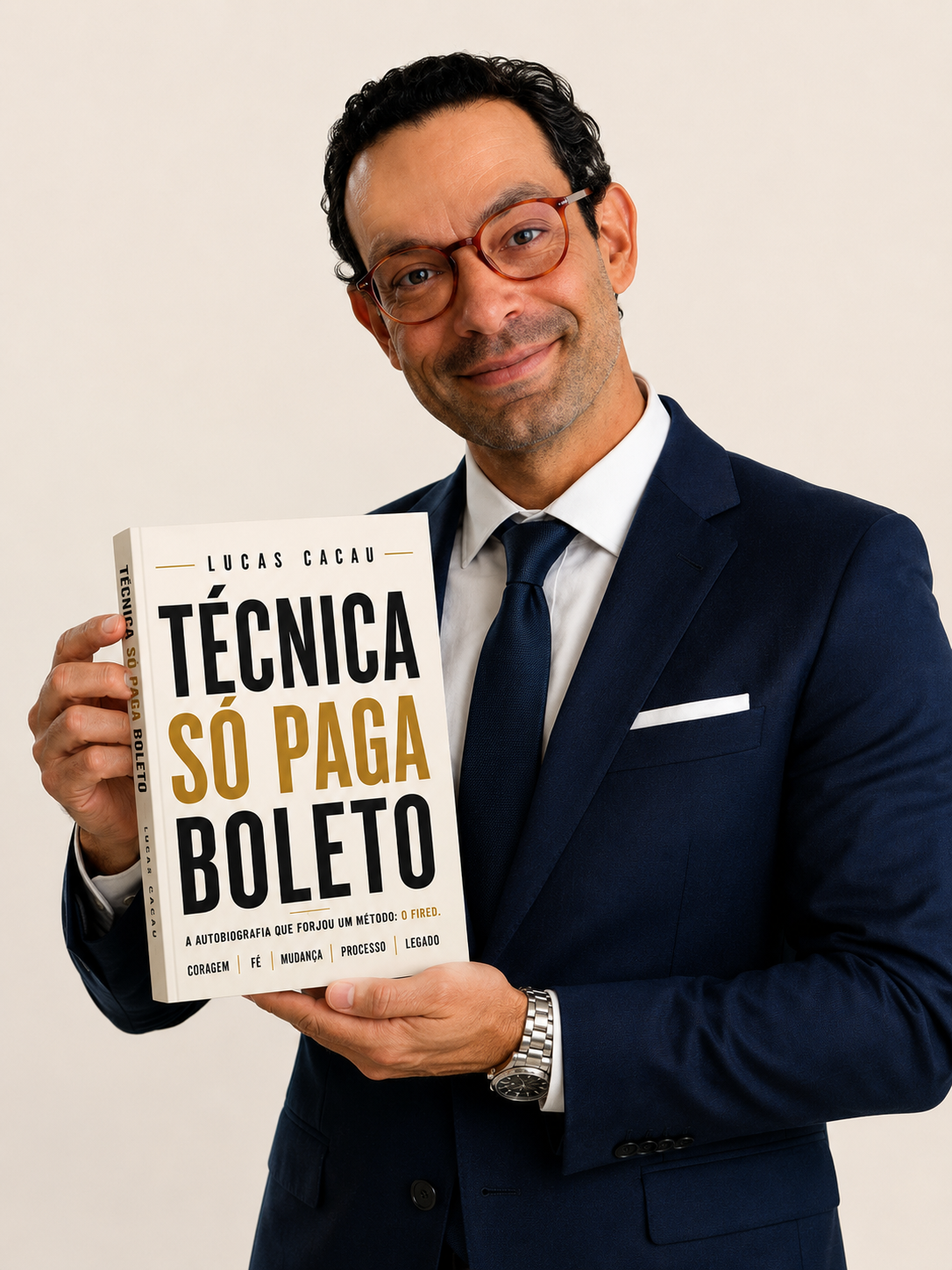 Lucas Cacau segurando o livro Técnica Só Paga Boleto